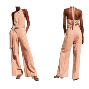 NWT Zara Dusty Pink Jumpsuit Halter Tie Belt Backless Wide Leg Size XS